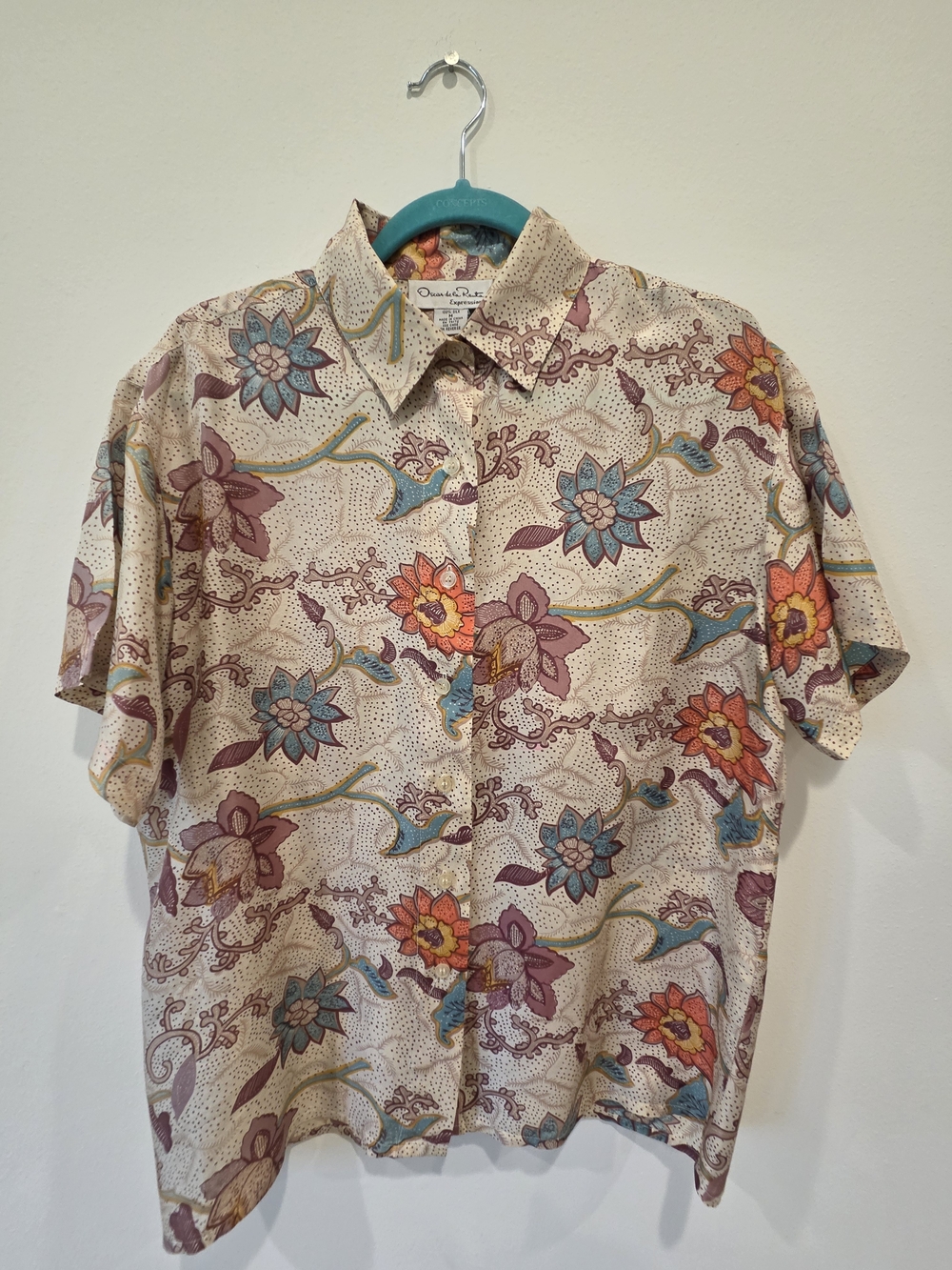 Oscar De La Renta Floral Short-Sleeve Button-Up Shirt — Beige Multi
